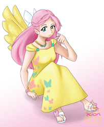 Size: 1538x1884 | Tagged: safe, artist:tears-of-xion, fluttershy, butterfly, human, clothes, dress, feet, female, gala dress, humanized, looking at you, sandals, sitting, solo, winged humanization