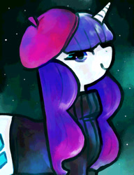 Size: 1000x1300 | Tagged: safe, artist:staticdragon1, rarity, pony, unicorn, alternate hairstyle, beatnik rarity, beret, clothes, female, hat, looking at you, mare, smiling, solo, sweater