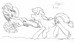 Size: 1964x1124 | Tagged: safe, artist:parallel black, derpibooru import, applejack, rainbow dash, earth pony, pegasus, pony, accessory theft, applejack's hat, cowboy hat, flying, hat, monochrome, mud, running, sketch, traditional art