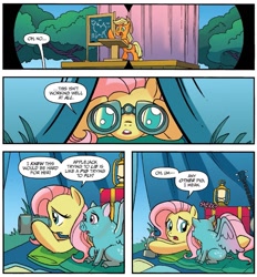 Size: 1291x1394 | Tagged: safe, artist:tonyfleecs, idw, applejack, fluttershy, earth pony, pegasus, pigasus, pony, spoiler:comic, spoiler:comicff23, binoculars, lantern, podium