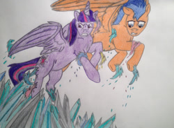 Size: 2076x1534 | Tagged: safe, artist:moonsong18, derpibooru import, flash sentry, twilight sparkle, twilight sparkle (alicorn), alicorn, pony, female, flashlight, male, mare, shipping, straight, traditional art