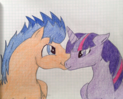 Size: 2048x1666 | Tagged: safe, artist:moonsong18, derpibooru import, flash sentry, twilight sparkle, twilight sparkle (alicorn), alicorn, pony, female, flashlight, graph paper, male, mare, shipping, straight, traditional art