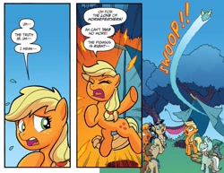 Size: 1351x1045 | Tagged: safe, artist:tonyfleecs, idw, applejack, doctor whooves, lyra heartstrings, nosey news, quill (character), earth pony, pony, spoiler:comic, spoiler:comicff23, male, stallion