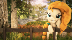 Size: 2560x1440 | Tagged: safe, artist:dazzion, artist:redaceofspades, derpibooru import, pear butter, 3d, fence, hoof on head, looking at you, poster, smiling, solo, source filmmaker, tree, wallpaper