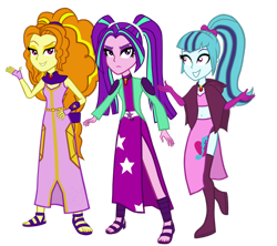 Size: 948x842 | Tagged: safe, artist:drawingaccount, adagio dazzle, aria blaze, sonata dusk, equestria girls, alternate costumes, belly button, clothes, midriff, pigtails, ponytail, sandals, side slit, skirt, the dazzlings, twintails