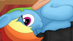 Size: 3840x2160 | Tagged: safe, artist:irisarco, derpibooru import, rainbow dash, human, pegasus, pony, beautiful, carpet, clothes, cute, dashabetes, female, hoodie, human on pony snuggling, looking at you, mare, one eye closed, smiling, snuggling, tomboy, wooden floor