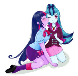 Size: 755x738 | Tagged: safe, artist:chappykagura, sonata dusk, twilight sparkle, equestria girls, rainbow rocks, blushing, boots, clothes, female, high heel boots, kiss on the cheek, kissing, kneeling, leg warmers, lesbian, shipping, simple background, skirt, twinata