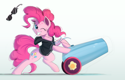 Size: 2000x1283 | Tagged: safe, artist:ncmares, pinkie pie, earth pony, pony, chest fluff, clothes, female, hoodie, mare, one eye closed, party cannon, smiling, solo, sunglasses