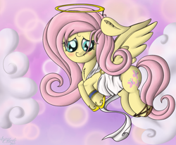 Size: 2151x1776 | Tagged: safe, artist:zsparkonequus, fluttershy, angel, pegasus, pony, blushing, clothes, cute, fluttershy the angel, flying, heaven, looking down, shy, shyabetes, smiling, solo