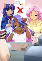 Size: 1000x1436 | Tagged: safe, artist:kurocaze-s, edit, editor:shiftyshades, fluttershy, rarity, twilight sparkle, anthro, human, anime, chocolarity, dark skin, eared humanization, flustered, horn, horned humanization, humanized, magic, sequence, weight gain