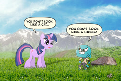 Size: 1000x667 | Tagged: artist needed, source needed, safe, derpibooru import, twilight sparkle, cat, crossover, gumball watterson, mountain, the amazing world of gumball