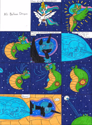 Size: 3241x4397 | Tagged: safe, artist:eternaljonathan, nightmare moon, princess celestia, alicorn, dragon, original species, boing, bouncing, comic, dragonified, dragonlestia, inflation, moon, night, species swap, transformation