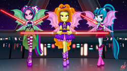 Size: 1024x576 | Tagged: safe, artist:viktor-tyt, adagio dazzle, aria blaze, sonata dusk, equestria girls, boots, double lightsaber, high heel boots, high heels, lightsaber, nightsisters, ponytail, sith, sparkles, star wars, the dazzlings, weapon, wings