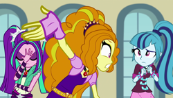 Size: 1904x1090 | Tagged: safe, screencap, adagio dazzle, aria blaze, sonata dusk, equestria girls, rainbow rocks, bracelet, facepalm, frightened, jewelry