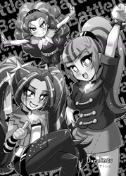 Size: 1296x1812 | Tagged: safe, artist:soxtin, adagio dazzle, aria blaze, sonata dusk, equestria girls, rainbow rocks, adorabolical, adoragio, ariabetes, cute, evil grin, gem, grayscale, grin, looking at you, monochrome, siren gem, smiling, sonatabetes, the dazzlings