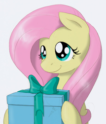 Size: 602x701 | Tagged: safe, artist:ravenpuff, fluttershy, pegasus, pony, cute, female, gift giving, holding, mare, present, shyabetes, simple background, smiling, solo, white background