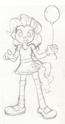 Size: 378x717 | Tagged: safe, artist:dertikleen, pinkie pie, anthro, balloon, clothes, dress, looking at you, monochrome, traditional art