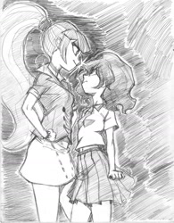 Size: 1000x1285 | Tagged: safe, artist:paradoxbroken, sonata dusk, oc, oc:feyona, equestria girls, belly button, clothes, frown, glare, grayscale, looking at each other, midriff, monochrome, pleated skirt, ponytail, skirt