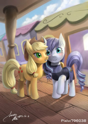 Size: 480x679 | Tagged: safe, artist:hertro, applejack, coloratura, earth pony, pony, the mane attraction, cute, duo, pixiv, rarabetes