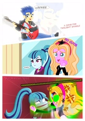 Size: 1600x2263 | Tagged: source needed, safe, artist:jucamovi1992, flash sentry, sonata dusk, oc, oc:aglaope, equestria girls, clothes, comic, guitar