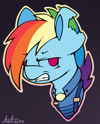 Size: 659x821 | Tagged: safe, artist:betawolfs, derpibooru import, rainbow dash, pegasus, pony, alternate timeline, eye scar, gritted teeth, looking at you, scar, solo