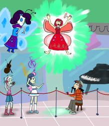 Size: 1033x1182 | Tagged: safe, artist:horsesplease, bon bon, lyra heartstrings, normal norman, rarity, rose heart, sweetie drops, butterfly, insect, a fine line, better together, equestria girls, camera, clothes, dress, happy, metamorphosis, paint tool sai, smiling, wings