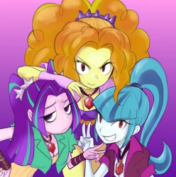 Size: 3479x3507 | Tagged: safe, artist:manmaru00, adagio dazzle, aria blaze, sonata dusk, equestria girls, gradient background, jewelry, pendant, the dazzlings