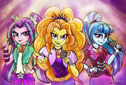 Size: 1000x676 | Tagged: safe, artist:sophillia, adagio dazzle, aria blaze, sonata dusk, equestria girls, rainbow rocks, microphone, signature, singing, the dazzlings