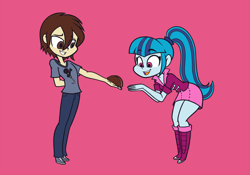 Size: 2142x1500 | Tagged: safe, artist:khuzang, sonata dusk, oc, oc:silent mic, equestria girls, rainbow rocks, boots, choco taco, chocolate, clothes, commission, cute, duo, equestria girls-ified, female, food, happy, male, pants, ponytail, shirt, silenata, simple background, skirt, smiling, socks, sonatabetes, sonataco, straight, taco, that girl sure loves tacos, thighs