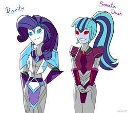 Size: 960x850 | Tagged: safe, artist:elioo, rarity, sonata dusk, robot, equestria girls, crossover, cute, cybertronian, raribetes, simple background, smiling, sonatabetes, species swap, transformers, transformers robots in disguise (2015), white background