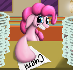 Size: 3360x3200 | Tagged: safe, artist:vladimir-olegovych, pinkie pie, earth pony, pony, the saddle row review, bill, diner, floppy ears, grimace, plate, plates, russian, scene interpretation, solo