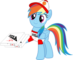 Size: 1263x1024 | Tagged: safe, artist:kayman13, derpibooru import, rainbow dash, pegasus, pony, clothes, food, hat, holding, logo, pizza, pizza box, shirt, simple background, smiling, that pony sure does love pizza, transparent background, vector