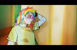 Size: 3700x2400 | Tagged: safe, artist:moonfroyos, derpibooru import, rainbow dash, equestria girls, bandage, bed, clothes, curtains, shirt, solo