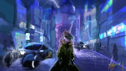 Size: 2560x1440 | Tagged: safe, artist:alumx, princess celestia, alicorn, anthro, blade runner, car, city, clothes, coat, cyberpunk, female, future, futuristic, mare