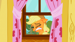 Size: 1366x768 | Tagged: safe, screencap, applejack, earth pony, pony, the show stoppers, cringing, out of context, solo