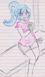 Size: 1268x2170 | Tagged: safe, artist:orochivanus, sonata dusk, equestria girls, bench, blushing, choker, clothes, crying, fingerless gloves, gloves, lined paper, shirt, shorts, sitting, solo, traditional art