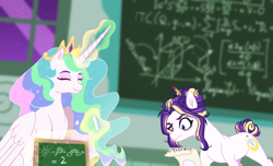 Size: 1046x638 | Tagged: safe, artist:whalepornoz, princess celestia, princess skyla, oc, oc:princess skylar, alicorn, pony, chalk, chalkboard, glowing horn, messy mane, offspring, parent:princess cadance, parent:shining armor, parents:shiningcadance