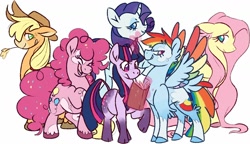 Size: 1344x772 | Tagged: safe, artist:oatmeaio, derpibooru import, applejack, fluttershy, pinkie pie, rainbow dash, rarity, twilight sparkle, classical unicorn, earth pony, pegasus, pony, unicorn, alternate design, book, cloven hooves, colored wings, freckles, glowing horn, horn, leonine tail, magic, magic aura, mane six, multicolored wings, piebald colouring, rainbow wings, simple background, straw in mouth, tail feathers, unshorn fetlocks, white background, wings