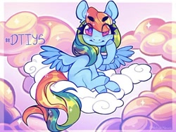 Size: 828x623 | Tagged: safe, artist:nebulanovia, derpibooru import, rainbow dash, pegasus, pony, cloud, colored hooves, colored pupils, cute, dashabetes, eyebrows visible through hair, female, looking at you, mare, on a cloud, sky, solo