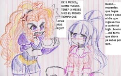 Size: 1134x715 | Tagged: safe, artist:orochivanus, adagio dazzle, sonata dusk, equestria girls, angry, blushing, breasts, cleavage, female, implied pregnancy, lined paper, open mouth, spanish text, traditional art
