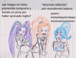 Size: 2359x1787 | Tagged: safe, artist:orochivanus, adagio dazzle, aria blaze, sonata dusk, equestria girls, annoyed, box, clothes, lined paper, midriff, short shirt, shorts, spanish, the dazzlings, toy, traditional art, translated in the description