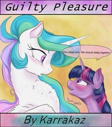 Size: 839x951 | Tagged: safe, artist:firimil, princess celestia, twilight sparkle, alicorn, pony, blushing, chest fluff, cute, cutelestia, dialogue, drunk, drunk twilight, eye contact, fanfic, fanfic art, fanfic cover, female, horn, implied lesbian, implied shipping, implied twilestia, lesbian, looking at each other, majestic as fuck, mare, missing accessory, shipping, shipping fuel, simple background, subtle as a train wreck, text, twiabetes, twilestia, wings