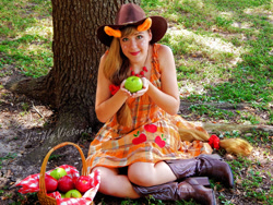 Size: 1024x768 | Tagged: safe, artist:vividlyvictoria, applejack, human, apple, basket, clothes, cosplay, costume, food, irl, irl human, photo, picnic basket