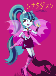 Size: 1024x1387 | Tagged: safe, artist:robocheatsy, sonata dusk, equestria girls, rainbow rocks, boots, clothes, food, high heel boots, jewelry, necktie, open mouth, pendant, pony ears, shadow, smiling, solo, sparkles, taco, text, wings