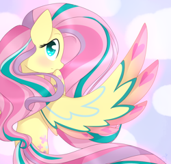 Size: 1000x960 | Tagged: safe, artist:ultrard, fluttershy, pegasus, pony, blushing, colored pupils, cute, female, heart eyes, hoof on chin, looking at you, looking back, mare, rainbow power, shyabetes, solo, spread wings, wingding eyes