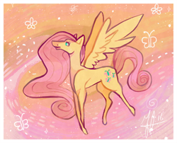 Size: 620x500 | Tagged: safe, artist:flickex, fluttershy, pegasus, pony, abstract background, signature, solo, spread wings
