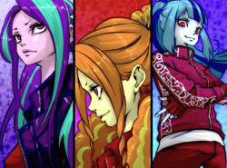 Size: 1350x1000 | Tagged: safe, artist:ddd1983, adagio dazzle, aria blaze, sonata dusk, equestria girls, rainbow rocks, clothes, fingerless gloves, gloves, jacket, looking at you, smiling, the dazzlings, trio