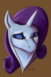 Size: 600x900 | Tagged: safe, artist:saoirsepdg, rarity, pony, unicorn, brown background, bust, eyes closed, female, lineless, mare, portrait, sad, simple background, solo