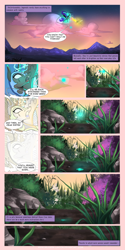 Size: 1024x2048 | Tagged: safe, artist:wilvarin-liadon, nightmare moon, princess celestia, princess luna, alicorn, pony, comic:the curse of the elements, cloud, cloudy, combat, comic, duo, elements of harmony, english, female, fight, flower, flying, horn, magic, moon, plant, sky, speech bubble, sunrise, wings