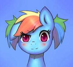 Size: 937x853 | Tagged: safe, artist:moondreamer16, derpibooru import, rainbow dash, pegasus, pony, alternate hairstyle, blue background, blushing, bust, cute, cute little fangs, dashabetes, ear down, fangs, female, looking at you, mare, pigtails, portrait, simple background, solo